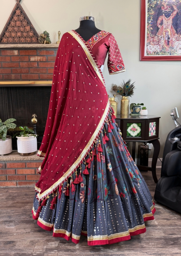 Grey Tussar Silk Gamthi Chaniya Choli